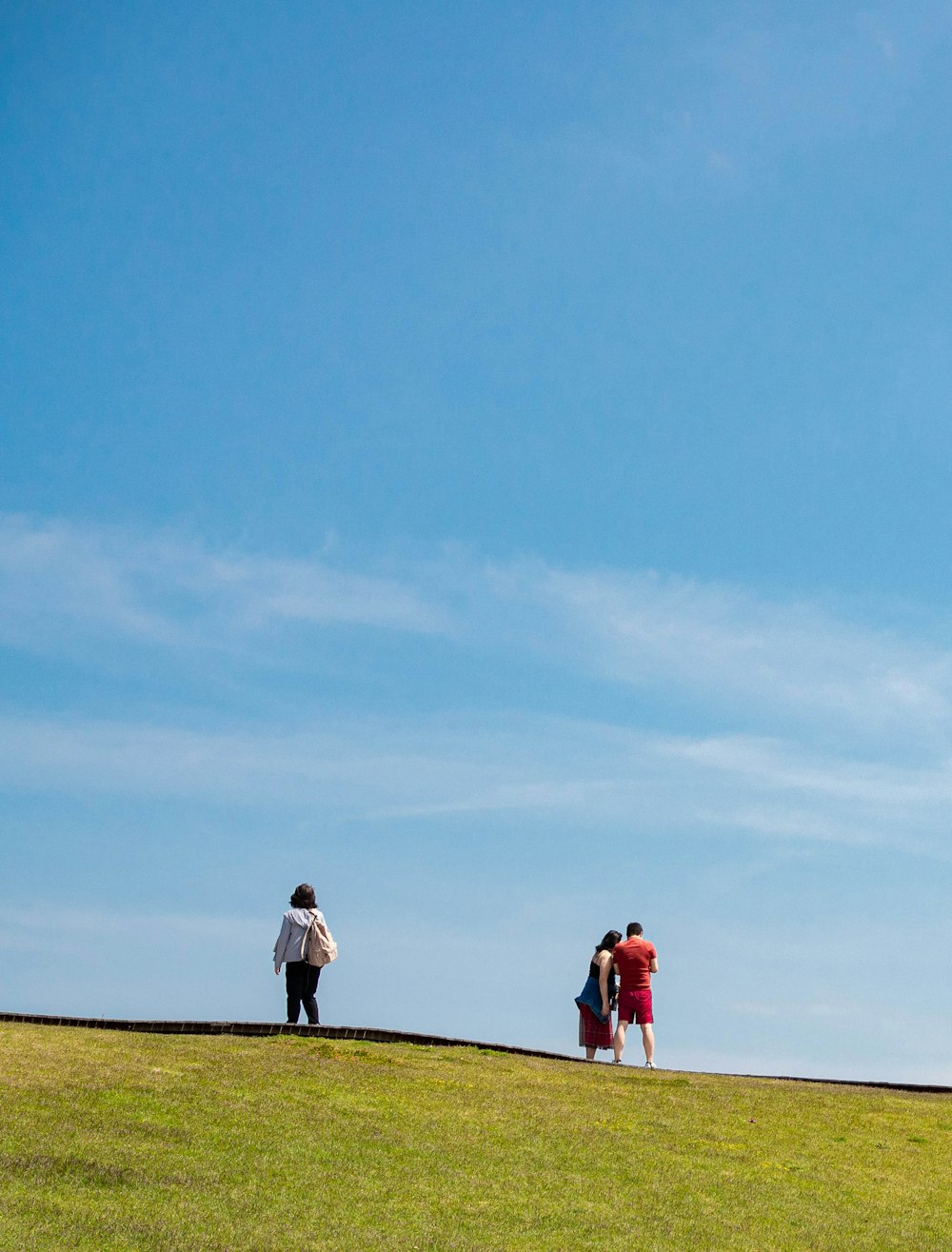 un grupo de personas de pie en la cima de un exuberante campo verde