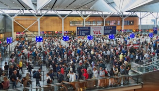 A bustling airport terminal filled with a large crowd of people queuing at check-in desks. The high ceiling and modern architecture are visible, along with various signs and electronic displays. The scene is lively, with people of different ages and backgrounds moving in different directions.