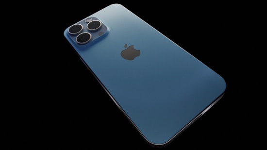 A sleek blue smartphone with a prominent logo centered on the back. The device features a trio of large camera lenses in the top left corner, set against a glossy blue finish. The lighting accentuates the smooth surface and modern design.