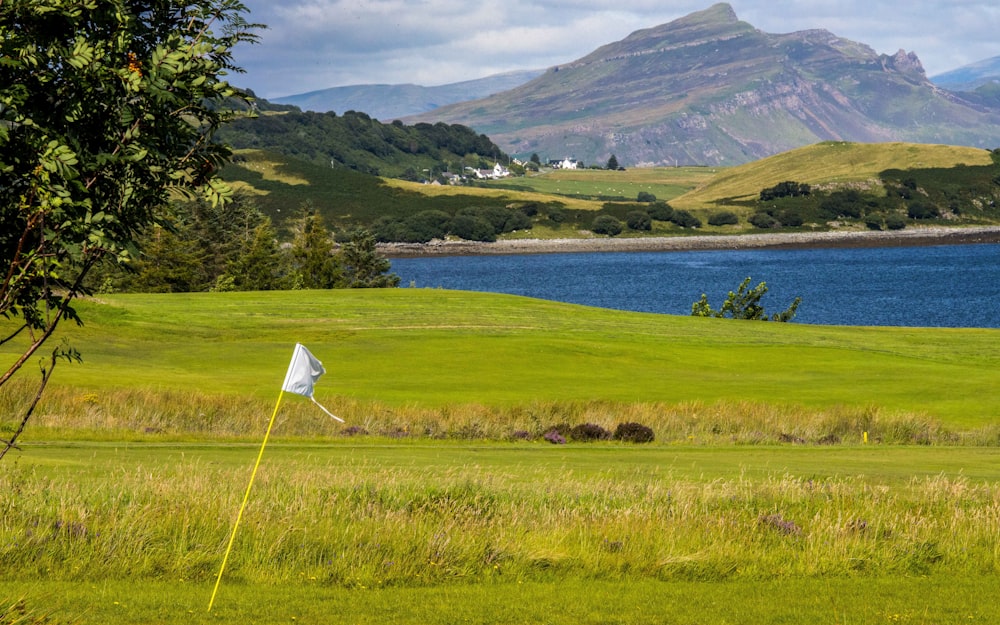 a golf course with a flag on the green