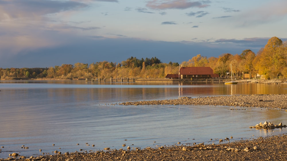 a body of water with a house in the background