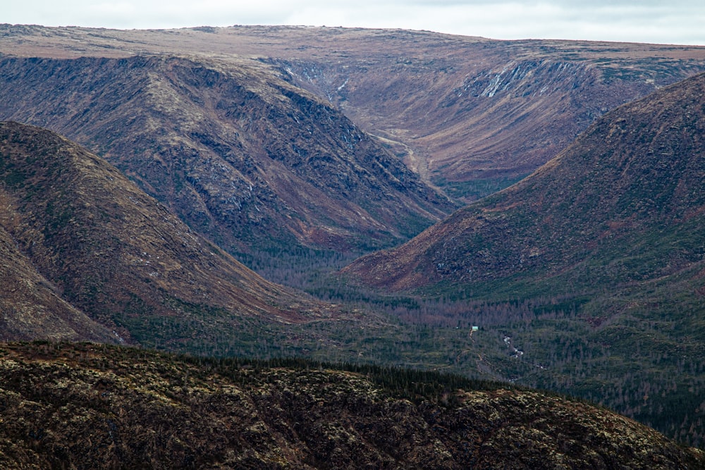 a view of a valley with a mountain in the background