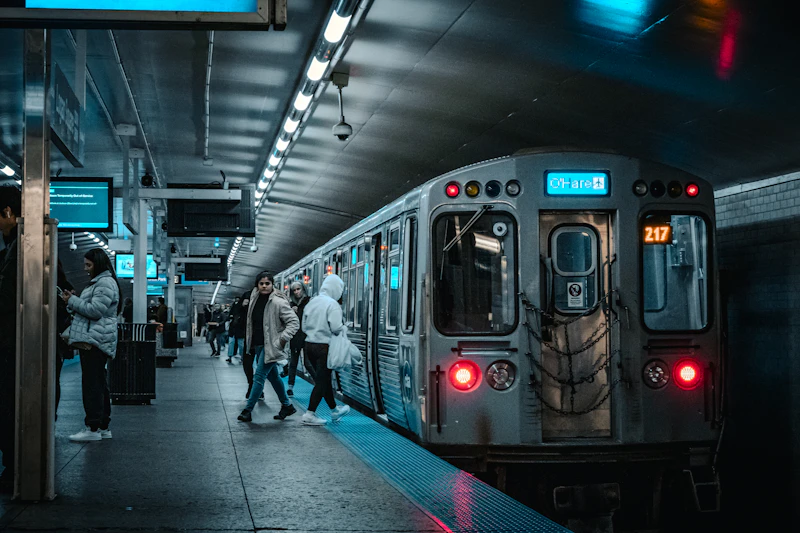 A CTA subway train pulling into a Chicago station platform with waiting passengers