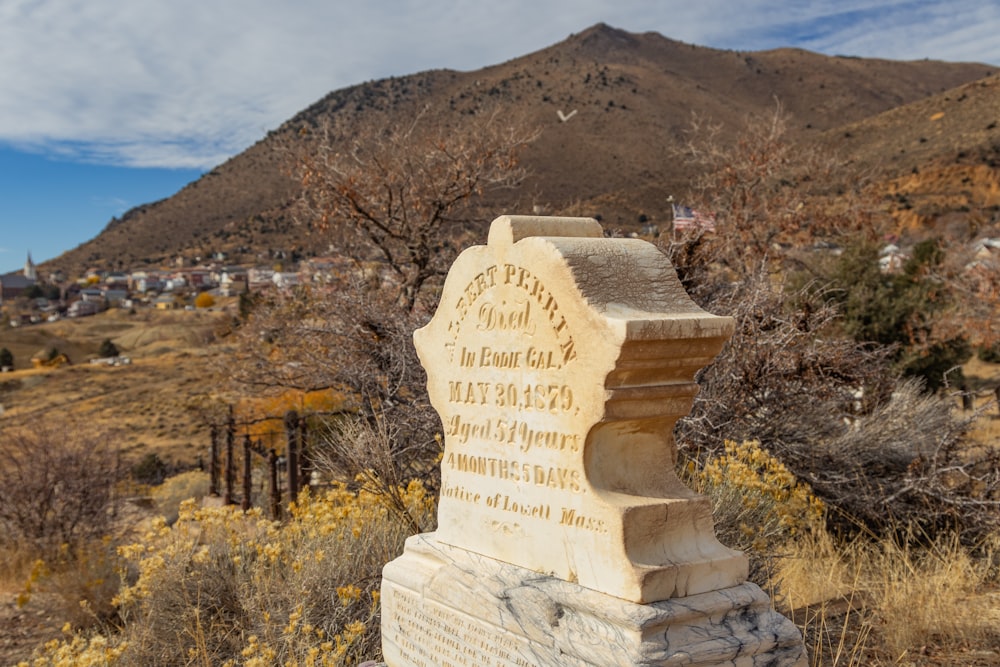 un monument dans un champ avec une montagne en arrière-plan