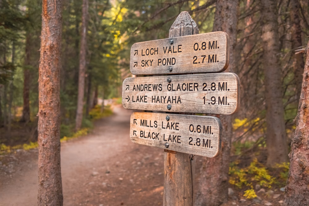 a wooden sign pointing in different directions in the woods