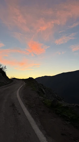 A winding mountain road disappearing into mist under a pastel sky.