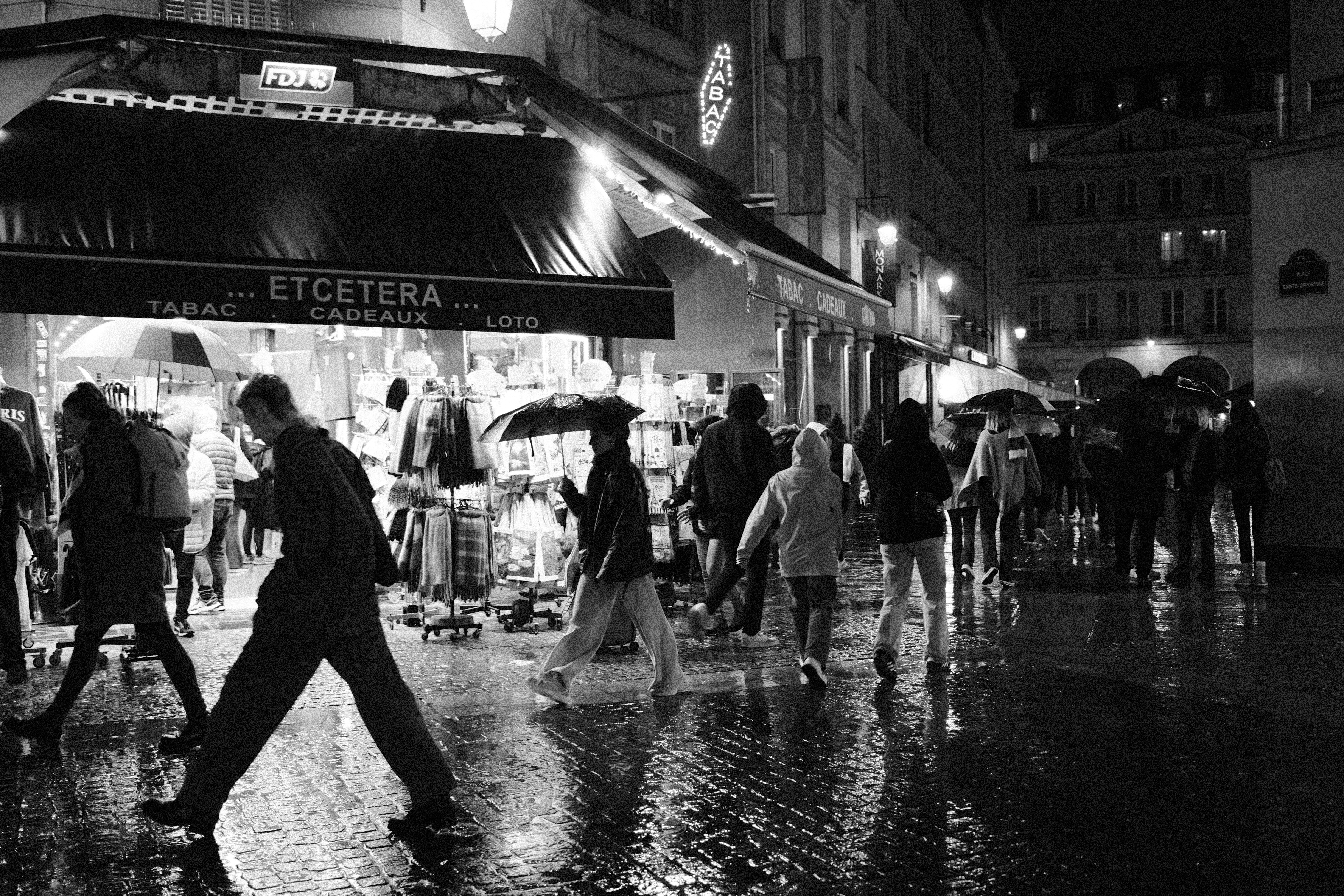 Black and white crowd walking in the rain