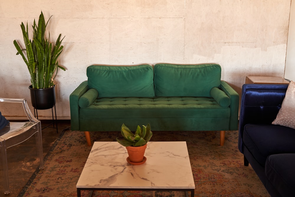 a living room with two couches and a coffee table