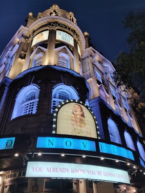 A night scene of the Novello Theatre with brightly lit signs and posters for the musical 'Mamma Mia!'. The historic architecture features tall columns and decorative windows. The main sign reads 'You Already Know You're Gonna Love It!' in bold letters.