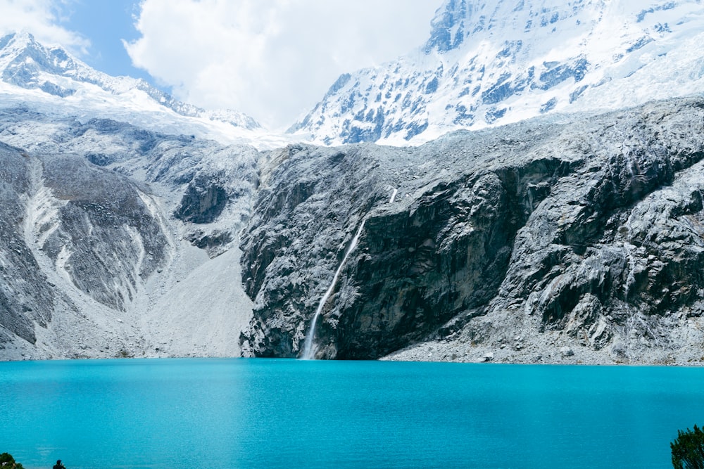 a large body of water surrounded by snow covered mountains