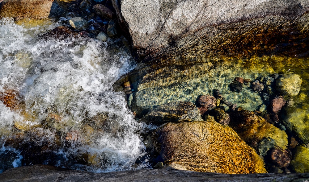 a close up of a river with rocks and water