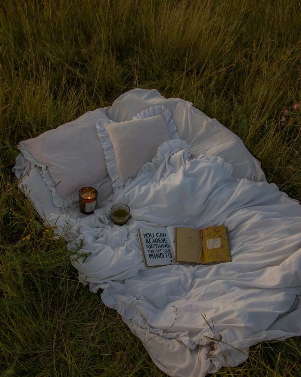 a book and some candles on a blanket in the grass