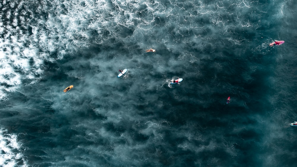 a group of people riding on top of surfboards in the ocean