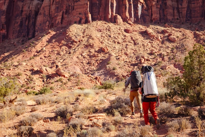 Two hikers are traversing a rocky desert landscape, surrounded by red rock formations and sparse vegetation. They carry backpacks and wear outdoor clothing, moving away from the camera.