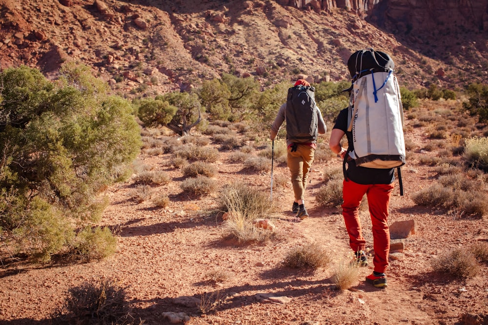 a couple of people walking across a desert