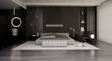 Modern bedroom furniture set in muted gray and black shades, highlighting sleek design.