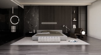 A modern bedroom with a plush hand-tufted rug complementing the minimalist decor.