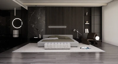 Modern bedroom furniture set in muted gray and black shades, highlighting sleek design.