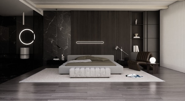 A modern bedroom with a plush hand-tufted rug complementing the minimalist decor.