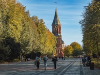 The TCNJ campus with students walking along tree-lined paths on a sunny day.