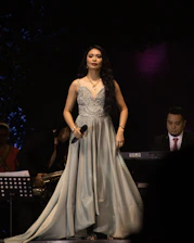 Ania J performing on stage at an elegant gala with golden lighting and a captivated audience.