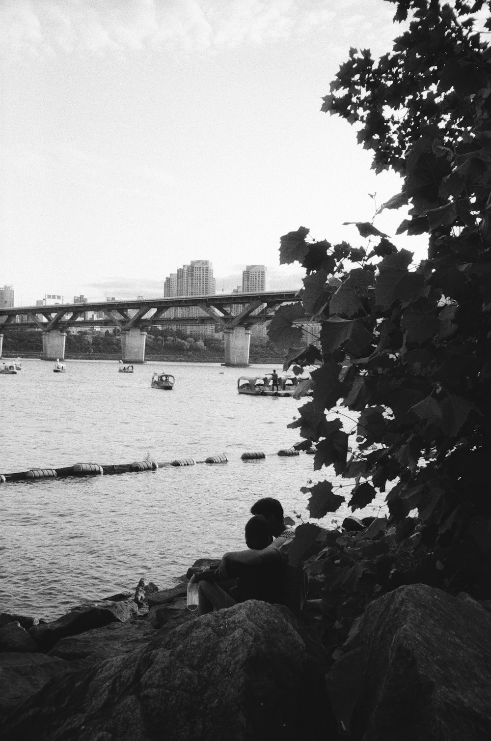 a black and white photo of a river with a bridge in the background