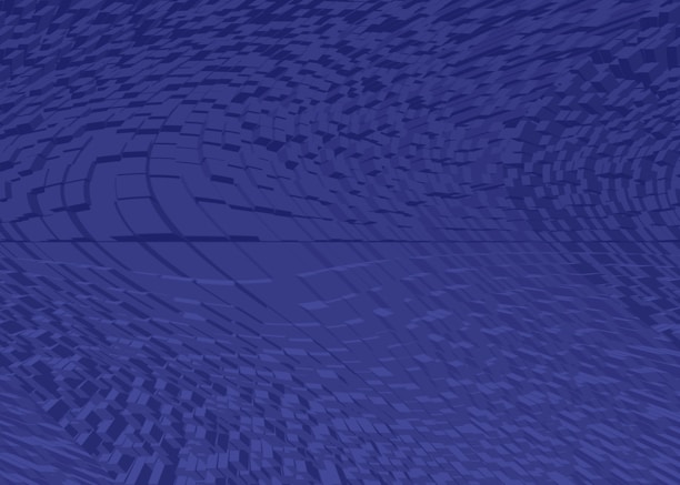 A digital abstract background featuring a dynamic wave-like pattern composed of small cubes and rectangles in varying shades of blue. The design creates a sense of movement and depth, with the rectangles becoming more distorted towards the edges.