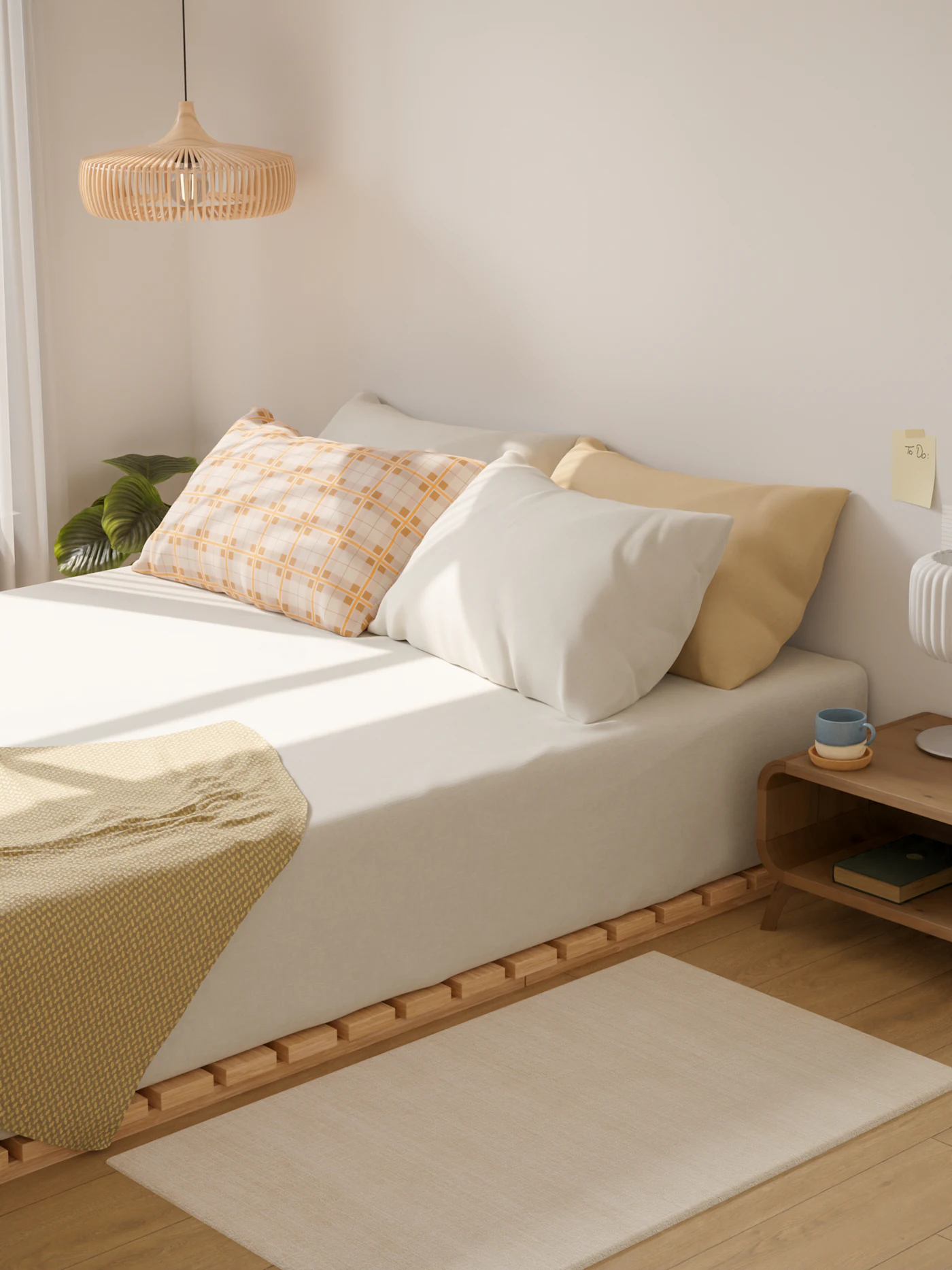 Cama con edredón blanco en un dormitorio tranquilo