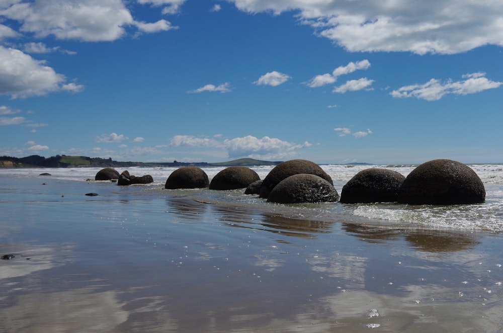 a group of rocks sitting on top of a sandy beach