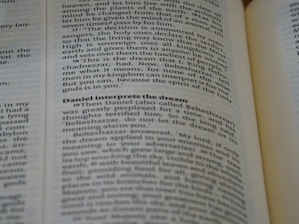 A close-up of an open book, with emphasis on a section discussing Daniel interpreting a dream. The text is in English and the page appears slightly curved.