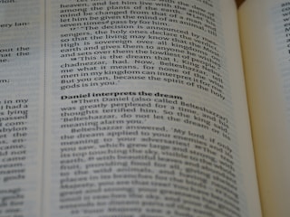 A close-up of an open book, with emphasis on a section discussing Daniel interpreting a dream. The text is in English and the page appears slightly curved.