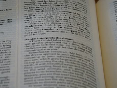 A close-up of an open book, with emphasis on a section discussing Daniel interpreting a dream. The text is in English and the page appears slightly curved.