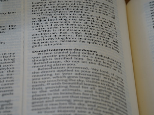 A close-up of an open book, with emphasis on a section discussing Daniel interpreting a dream. The text is in English and the page appears slightly curved.