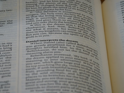 A close-up of an open book, with emphasis on a section discussing Daniel interpreting a dream. The text is in English and the page appears slightly curved.