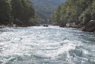 A fast-flowing river with white water rapids is surrounded by lush green forests and rocky banks. In the distance, a group of people can be seen rafting down the river. A bridge spans the river further upstream, against a backdrop of wooded hills.