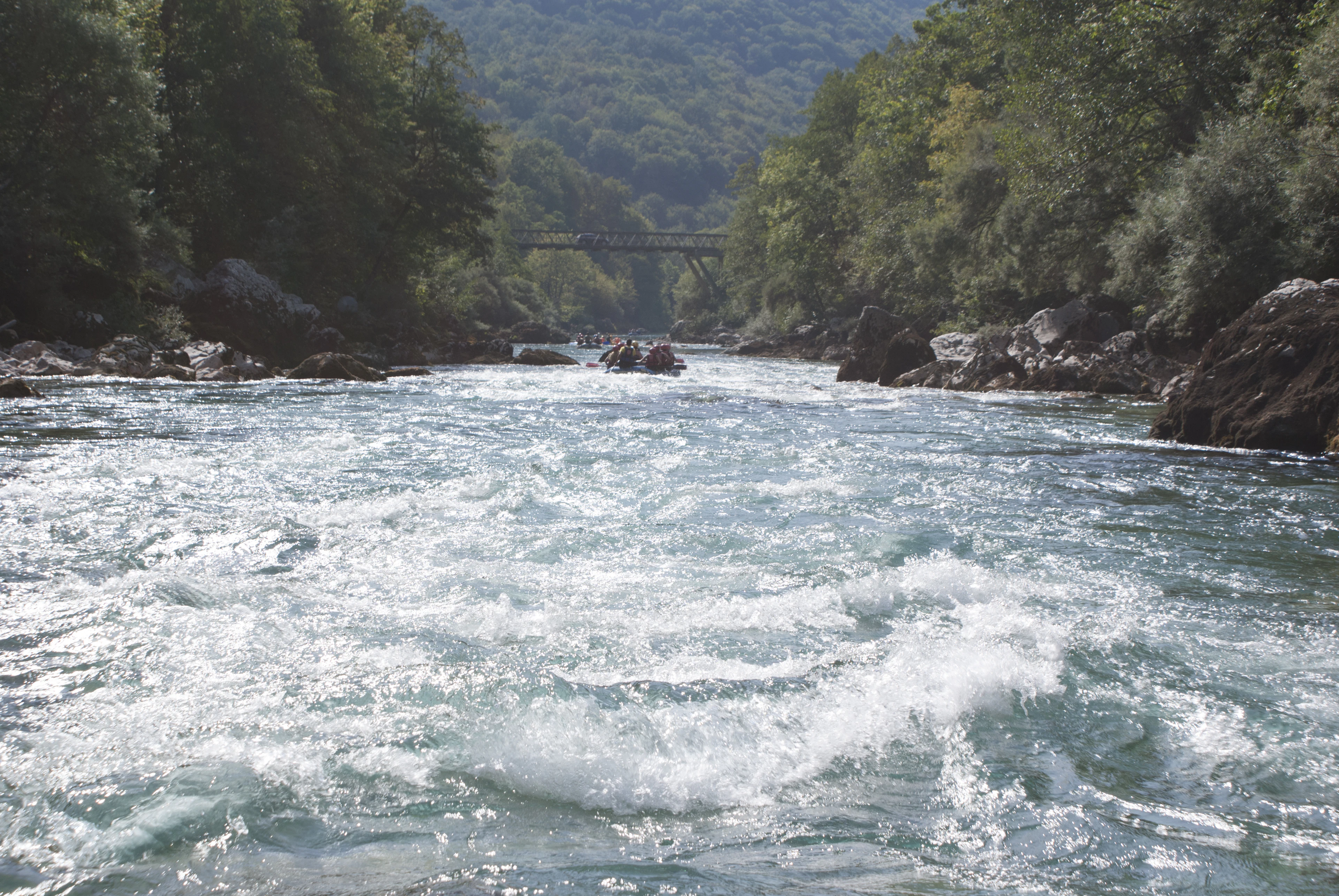 White water on the Tara River between forested canyon walls, with rafts in the distance