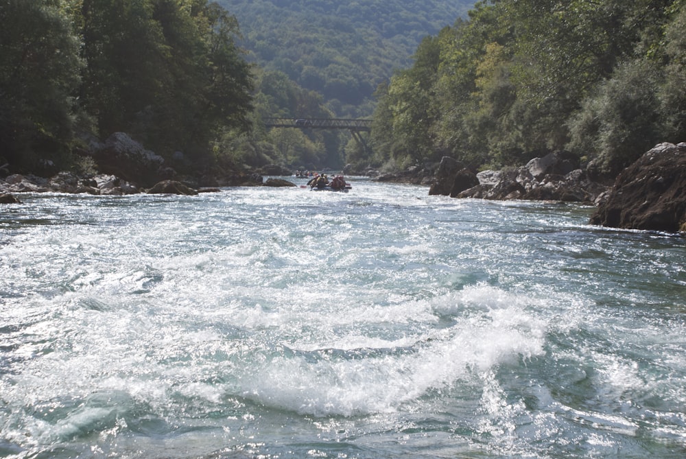 a group of people are rafting down a river