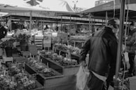 A bustling market scene with several stalls lined up, displaying floral arrangements and various goods. Wooden crates and tables are used to organize and present the merchandise. Multiple people are present, including a person wearing a leather jacket holding a plastic bag, indicating shopping activity. Stalls are covered with branded canopies, providing shelter and a sense of an organized marketplace.