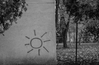 A black and white photograph depicts a simple, stylized sun graffiti on a textured wall. In the background, a leafy tree and scattered fallen leaves on the ground suggest an autumn setting. The composition includes a mix of natural and urban elements, creating a contrast between the graffiti and the surrounding foliage.