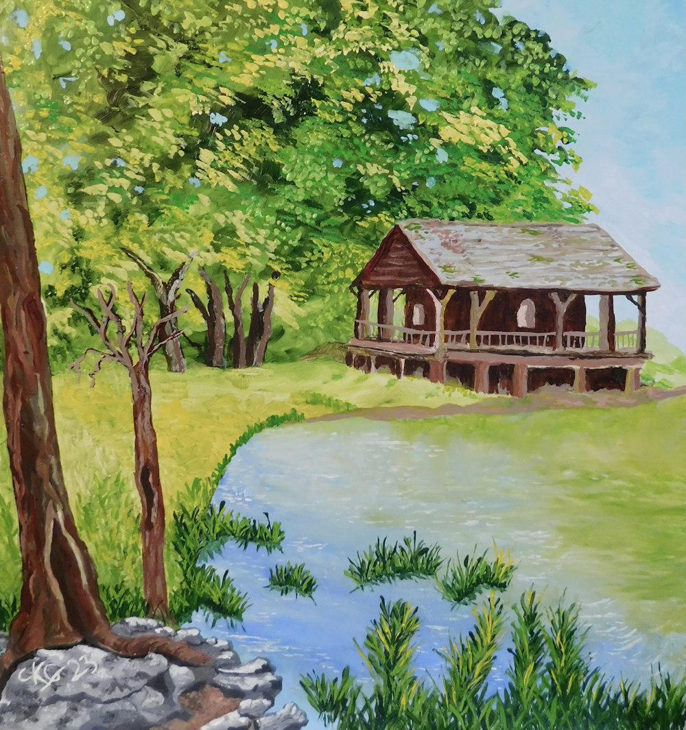 a painting of a cabin by a river