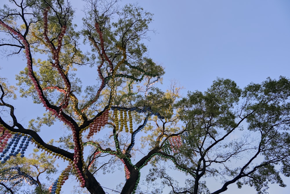 a tall tree with lots of decorations hanging from it's branches