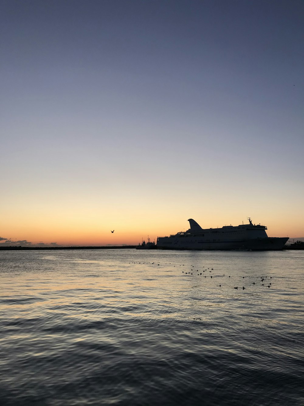 a cruise ship is in the distance as the sun sets