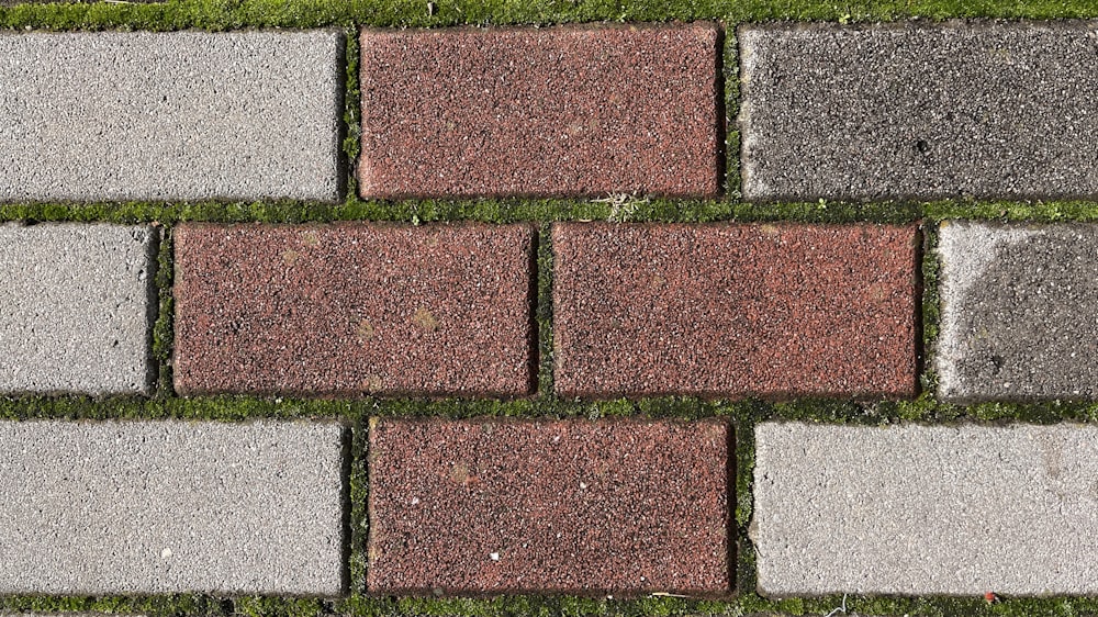 a close up of a brick sidewalk with grass growing on it