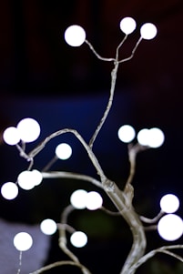 A decorative object resembling a tree with branches adorned with glowing white orb-like lights against a dark background. The lights are evenly spaced, creating a gentle and elegant illumination effect.