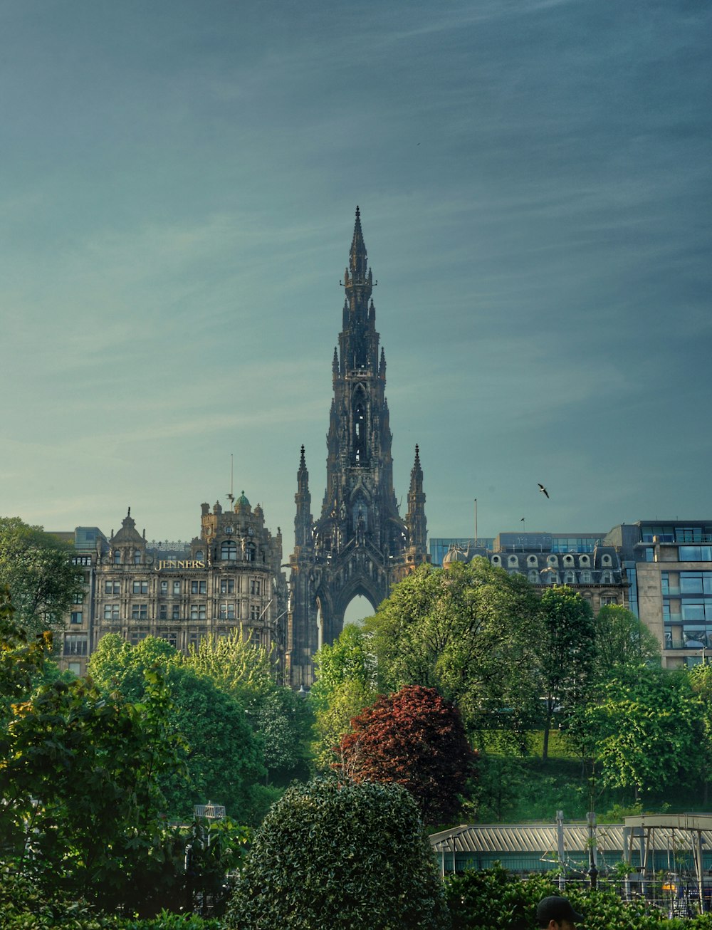a large cathedral towering over a lush green park