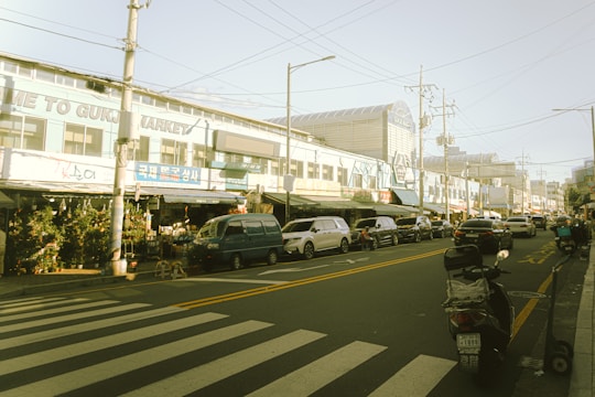 A street scene featuring a market on the left with various stalls, some selling plants. Cars are parked along the road, and there is a visible zebra crossing in the foreground leading towards the market. The sky is clear and there are visible power lines.