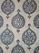The image showcases a detailed pattern of decorative ceramic tiles. Each tile features intricate floral and geometric designs primarily in shades of blue, green, and white, with accents of brown. The repeating pattern consists of a central floral motif encased within a teardrop shape adorned with foliage and symmetrical designs extending outward.