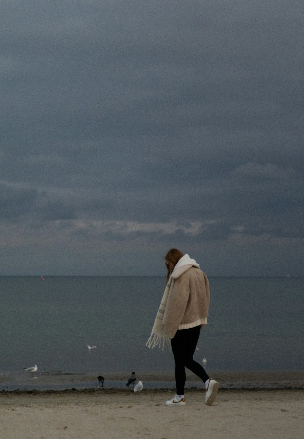 a person walking on a beach near the ocean