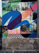 A collage featuring historical photographs and handwritten documents overlaid with colorful abstract patterns. The elements include old black-and-white images of people and architecture, blended with bright geometric shapes and streaks in blue, purple, pink, and green.