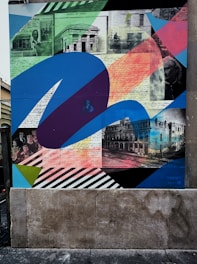 A collage featuring historical photographs and handwritten documents overlaid with colorful abstract patterns. The elements include old black-and-white images of people and architecture, blended with bright geometric shapes and streaks in blue, purple, pink, and green.